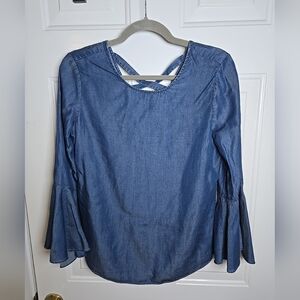 Halston Ladies Lightweight Silky Feel Blue Top With Bell Sleeves XS